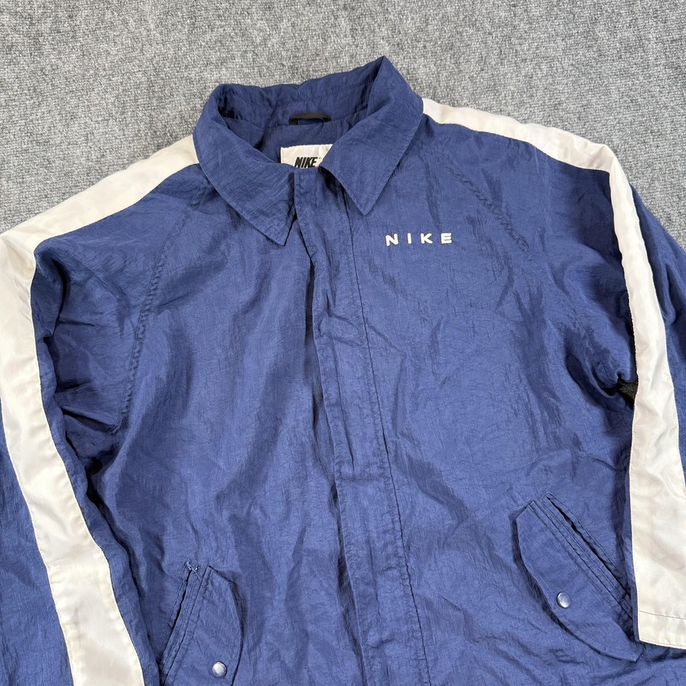 Vintage Nike Jacket Mens Medium Blue White Windbreaker Coat Swoosh Spell Out 90s